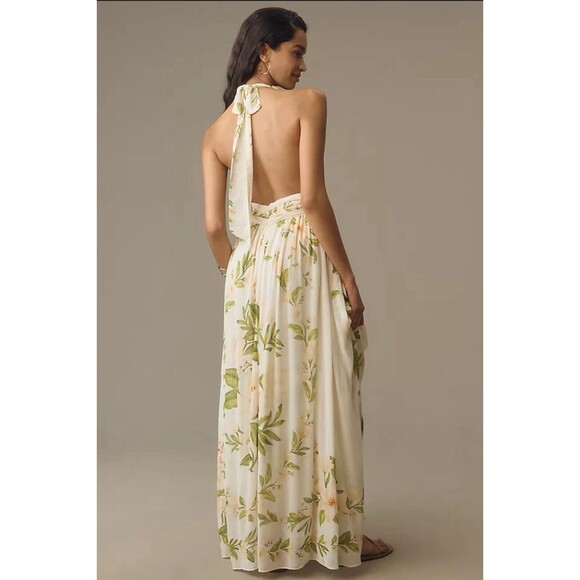 Farm Rio Anthropologie Dress Maxi Green Floral Chiffon Vacay Tropical Sz L NWT